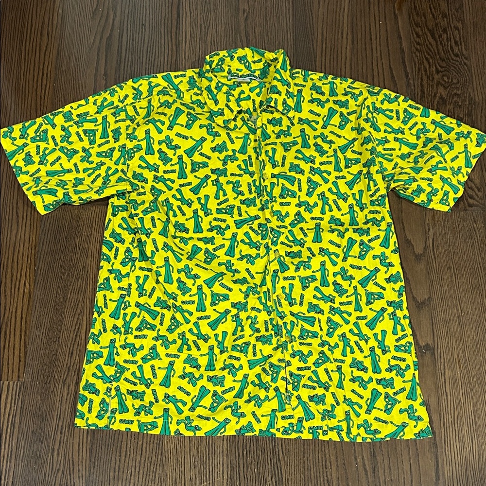 Vtg Gumby Yellow Short-Sleeve Button-Down Shirt with Green Pattern XL